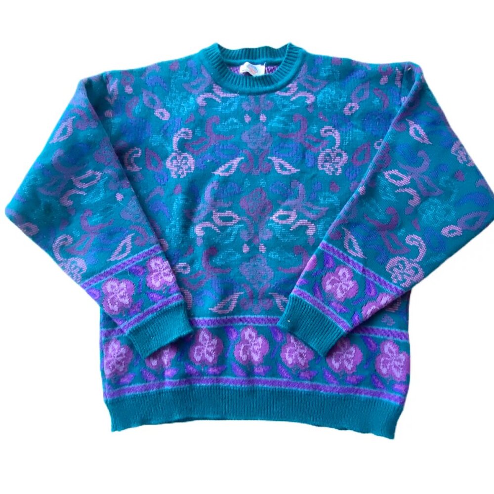 Vintage Verbier Wool Blend Sweater / 80's Style Floral Print Knitwear
